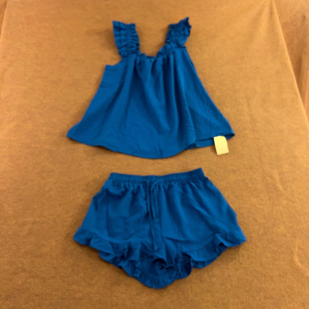 KFUBUO Womens Medium Teal Blue Ruffle Trim Sleeveless Pajama Set NWT